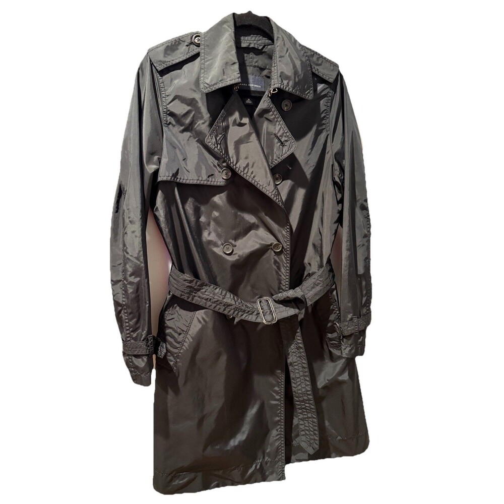 Banana Republic Trench Coat Black Long Double Breasted Raincoat Belted Size Med.
